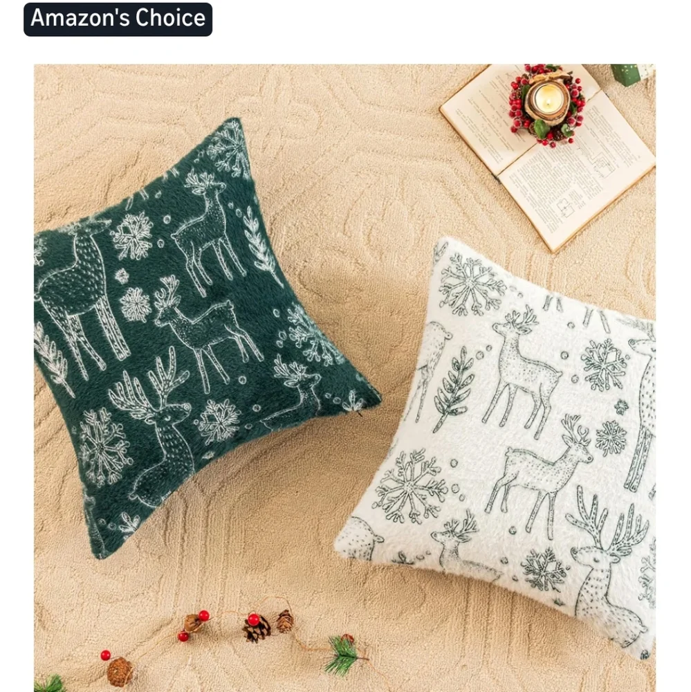 Green and White Reindeer Throw Pillow Covers 2 In Set
